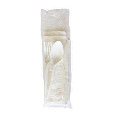 BWK4COMBOKITPP Four-Piece Polypropylene Cutlery Kit, Mediumweight, Fork/Knife/Napkin/Spoon, Plastic, White, 250/Carton