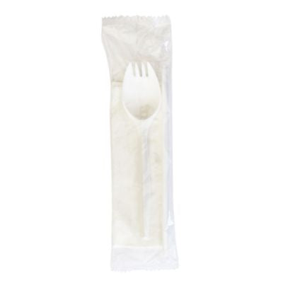 BWKSCHOOLKITPP School Cutlery Kit, Mediumweight, Napkin/Spork/Straw, 5.31", Plastic, White, 1,000/Carton