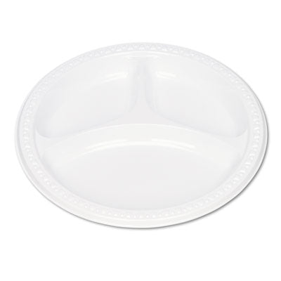 TBL19644WH Plastic Dinnerware, 3-Compartment Plates, 9" dia, White, 125/Pack