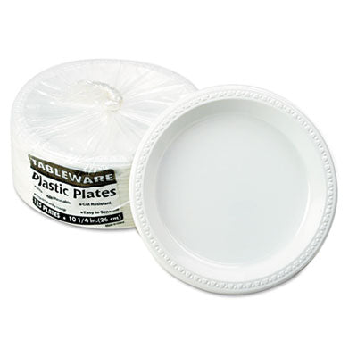 TBLTM10644WH Plastic Dinnerware, Plates, 10.25" Dia, White, 125/pack