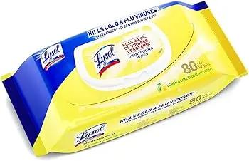 Lysol disinfecting wipes packaging with blue and yellow design.
