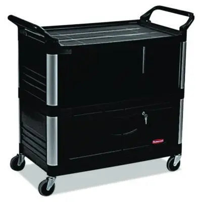RCP4095BLA Xtra Equipment Cart, Plastic, 3 Shelves, 300 lb Capacity, 20.75" x 40.63" x 37.8", Black RUBBERMAID COMMERCIAL PROD.