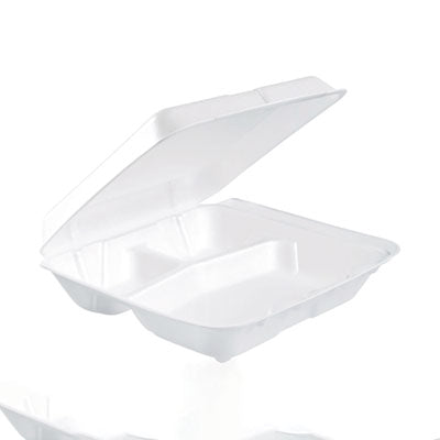 DCC80HT3R Foam Hinged Lid Containers, 3 Compartments, 7.5 x 8 x 2.3, White, 200/Carton