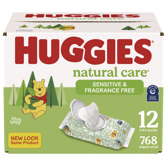 KCM51079 Natural Care Sensitive Baby Wipes, Unscented, White, 64/Pack, 12 Packs/Carton