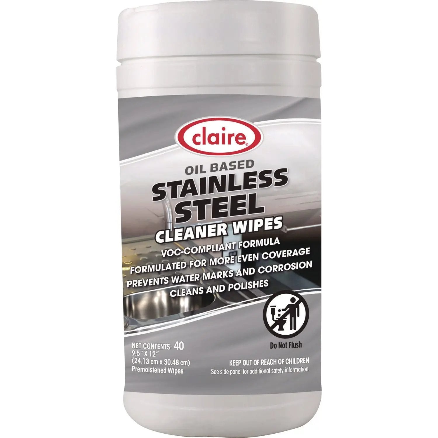 CGC993 Stainless Steel Cleaner Wipes, 9.5 x 12, Citrus, Purple, 40 Wipes/Canister, 6 Canisters/Carton Claire