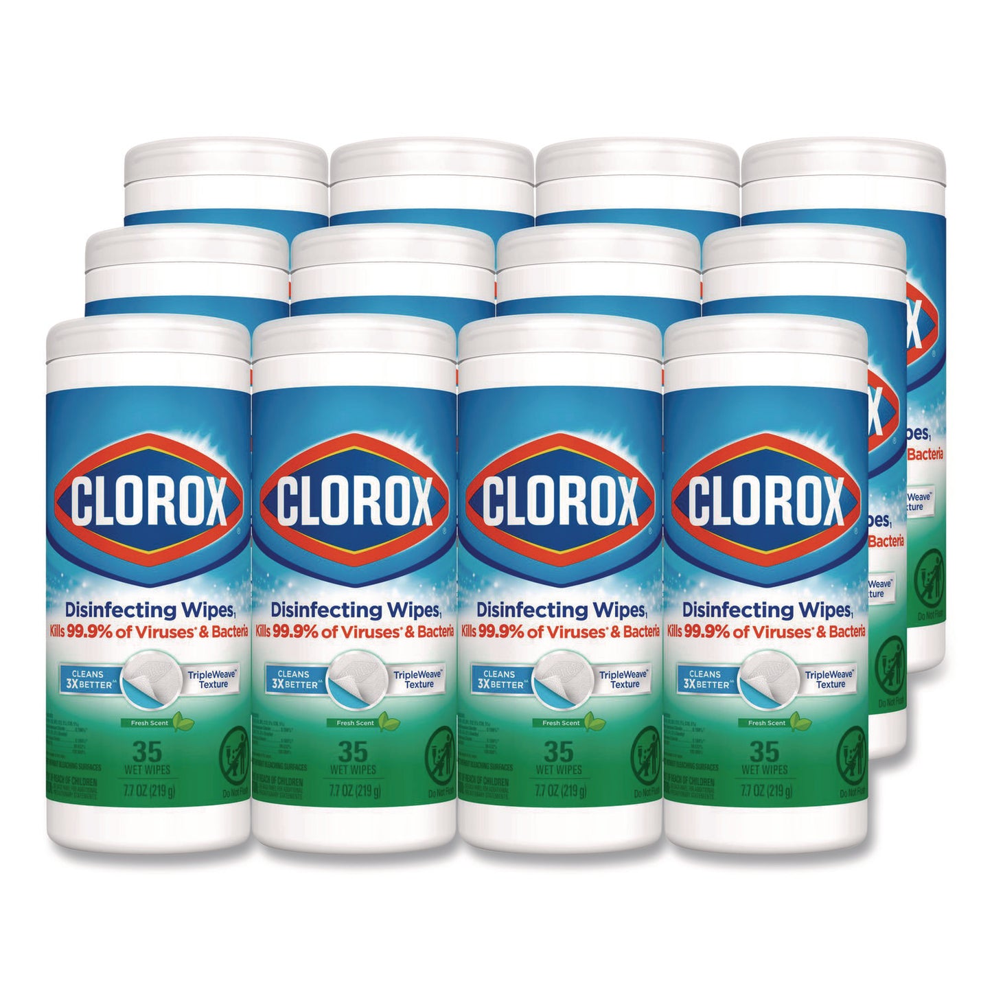CLO01593CT Disinfecting Wipes, Bleach Free Cleaning Wipes, 1-Ply, 7 x 8, Fresh Scent, White, 35/Canister, 12 Canisters/Carton