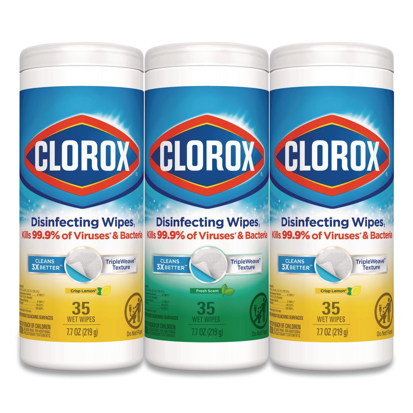 CLO30112 Disinfecting Wipes, 1-Ply, 7 x 8, (1) Fresh Scent/(2) Crisp Lemon, White, 35/Canister, 3 Canisters/Pack