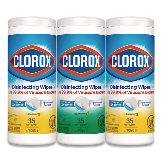 CLO30112 Disinfecting Wipes, 1-Ply, 7 x 8, (1) Fresh Scent/(2) Crisp Lemon, White, 35/Canister, 3 Canisters/Pack