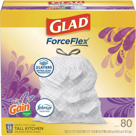 CLO78902BX ForceFlex Kitchen Drawstring Trash Bags, 13 gal, Gain Lavender with Febreze Freshness, 24 x 27.38, White, 80/Box Glad
