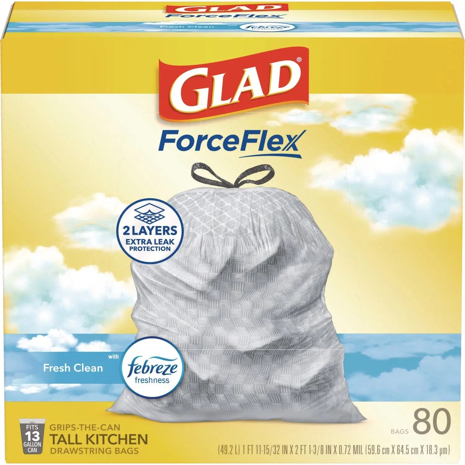 CLO78899BX ForceFlex Kitchen Drawstring Trash Bags, 13 gal, Gain Fresh Clean Scent, 24 x 27.38, White, 80/Box Glad