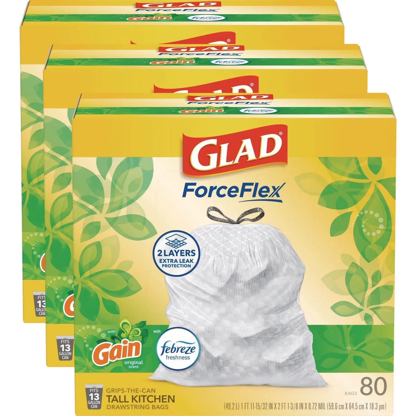 CLO78900 ForceFlex Kitchen Drawstring Trash Bags, 13 gal, Gain Original Scent, 24" x 27.38", White, 80 Bags/Box, 3 Boxes/Carton Glad