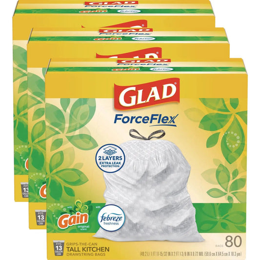 CLO78900 ForceFlex Kitchen Drawstring Trash Bags, 13 gal, Gain Original Scent, 24" x 27.38", White, 80 Bags/Box, 3 Boxes/Carton Glad