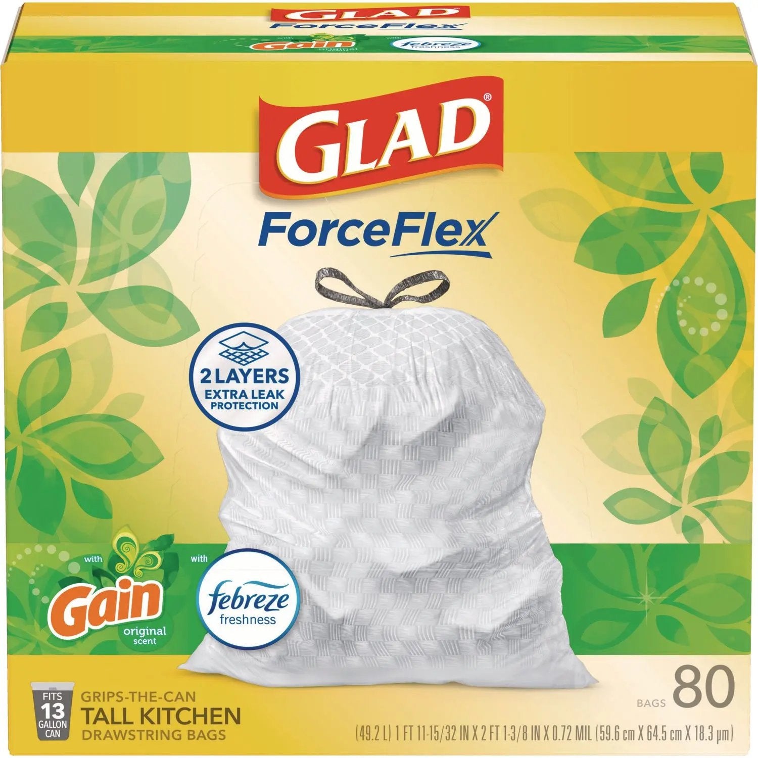 CLO78900BX ForceFlex Kitchen Drawstring Trash Bags, 13 gal, Gain Original Scent, 24 x 27.38, White, 80/Box Glad