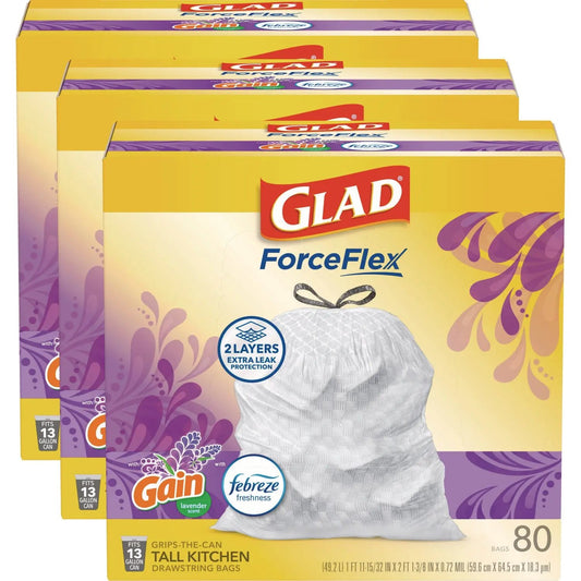 CLO78902 ForceFlex Kitchen Drawstring Trash Bags, 13 gal, Gain Lavender Scent, 24 x 27.38, White, 80 Bags/Box, 3 Boxes/Carton Glad