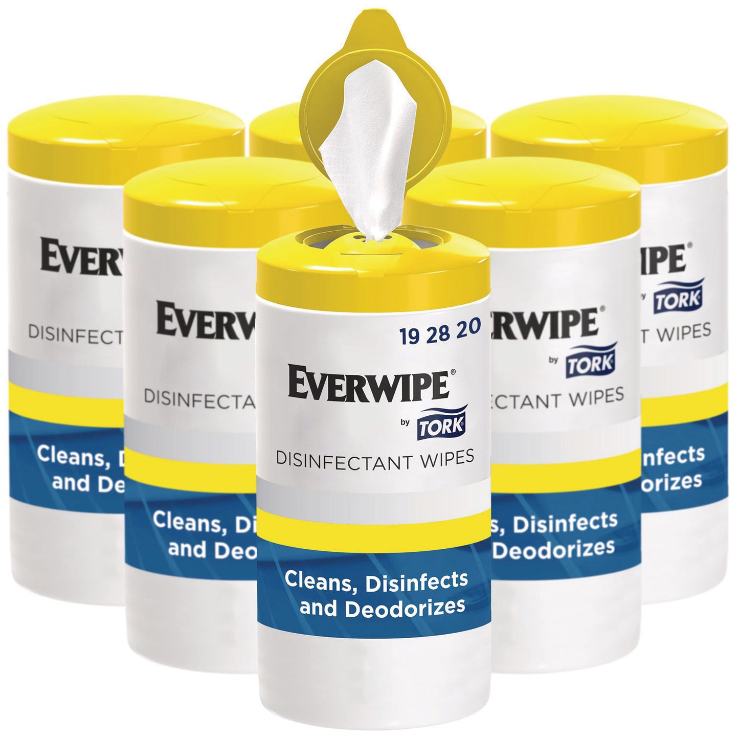 TRK192820 Everwipe by Tork Disinfectant Wipe Canisters, 1-Ply, 7 x 7, Lemon, White, 75 Sheets/Canister, 6/Carton
