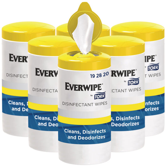 TRK192820 Everwipe by Tork Disinfectant Wipe Canisters, 1-Ply, 7 x 7, Lemon, White, 75 Sheets/Canister, 6/Carton
