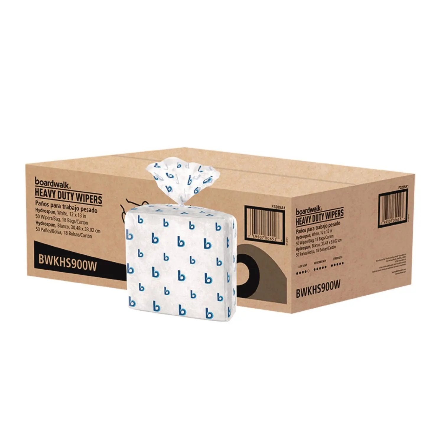 BWKHS900W Hydrospun Wipers, 1-Ply, 12 x 13, White, 50/Bag, 18 Bags/Carton Boardwalk