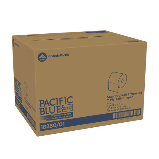 GPC1828001 Pacific Blue Select Bathroom Tissue, Septic Safe, 2 Ply, White, 550 Sheets/Roll, 80 Rolls/Carton