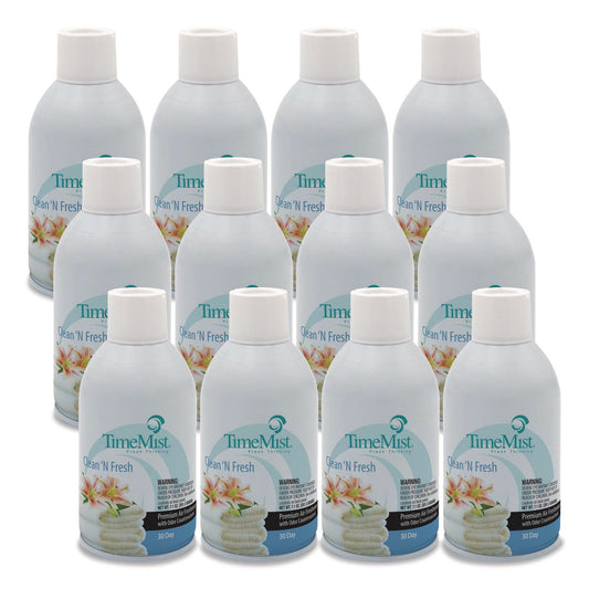 TMS1042771 Premium Metered Air Freshener Refill, Clean N Fresh, 7.1 Oz Aerosol Spray, 12/carton TimeMist