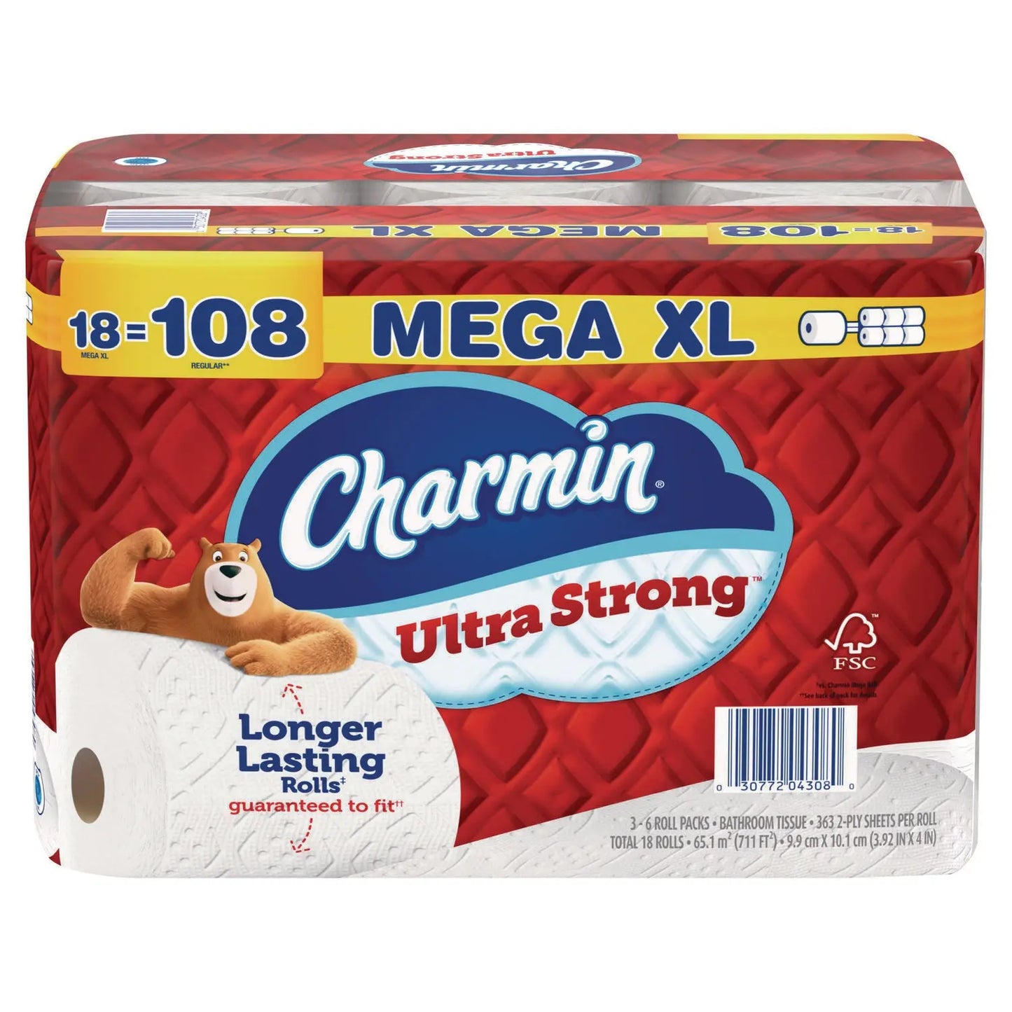 PGC04308 Ultra Strong Bathroom Tissue, Septic Safe, 2-Ply, White, 363 Sheets/Roll, 18 Rolls/Pack Charmin