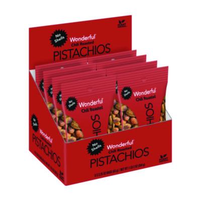 WONPAR91087 No Shells, Chili Roasted Pistachios, 2.25 oz Packet, 8 Packets/Box, 3 Boxes/Carton