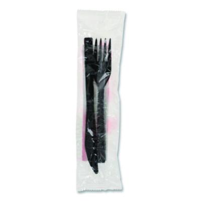 PCTGKFKNECH Gardenware Cutlery Kit, Individually Wrapped, Heavyweight, Fork/Knife/Napkin, Plastic, Black, 500/Carton
