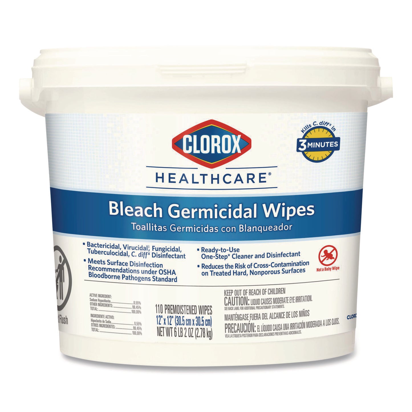 CLO30358 Bleach Germicidal Wipes, 1-Ply, 12 x 12, Unscented, White, 110/Bucket