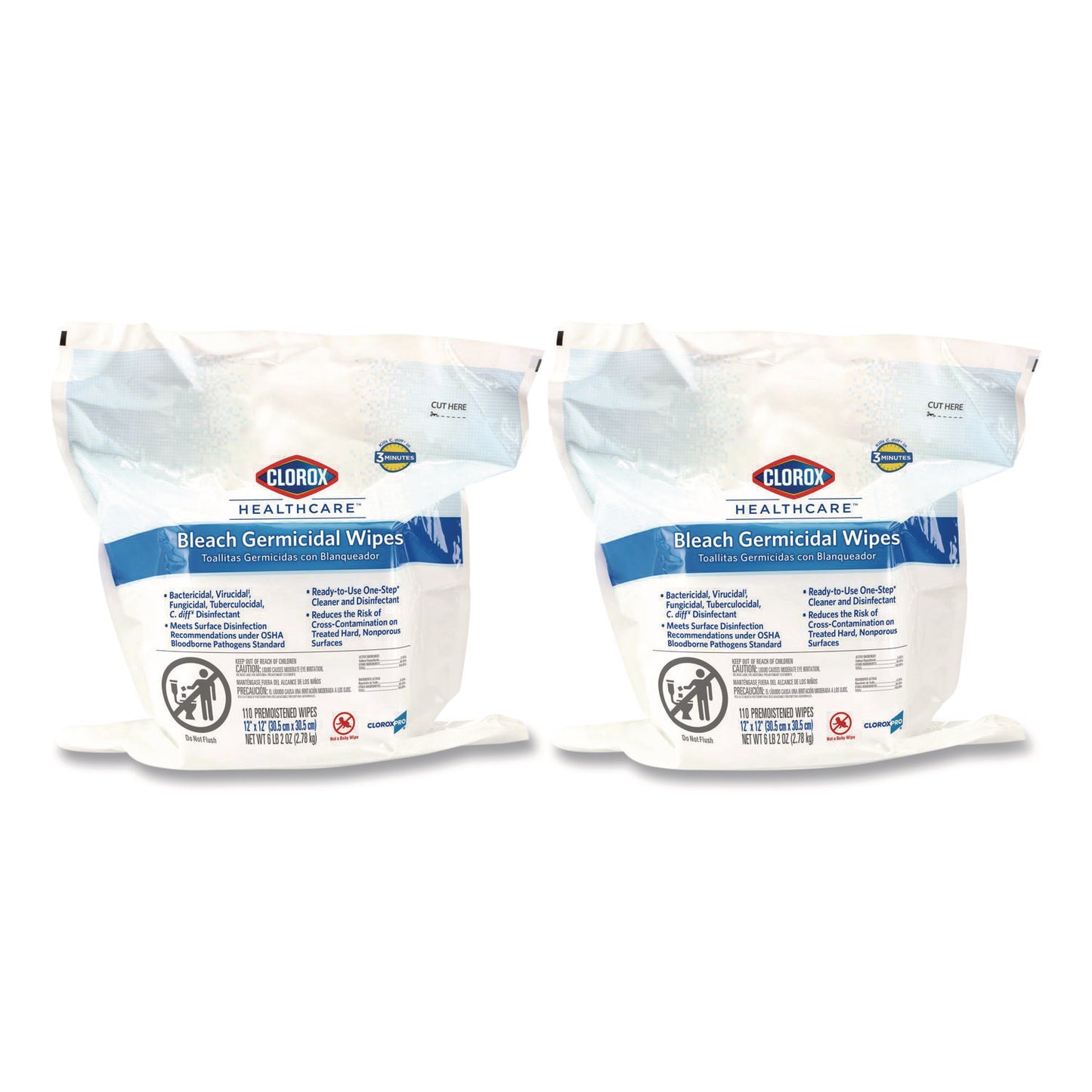 CLO30359CT Bleach Germicidal Wipes, 1-Ply, 12 x 12, Unscented, White, 110/Refill, 2 Refills/Carton