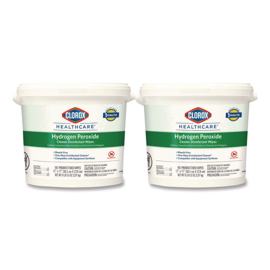 CLO30826 Hydrogen Peroxide Cleaner Disinfectant Wipes, 12 x 11, Unscented, White, 185/Bucket, 2 Buckets/Carton