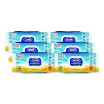 CLO31404 Disinfecting Cleaning Wipes, Easy Pull Pack, 1-Ply, 8 x 7, Lemon Scent, White, 75 Towels/Box, 6 Boxes/Carton CLOROX SALES CO.