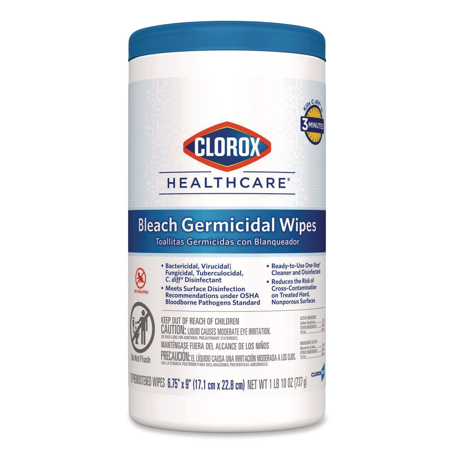 CLO35309 Bleach Germicidal Wipes, 1-Ply, 6.75 x 9, Unscented, White, 70/Canister