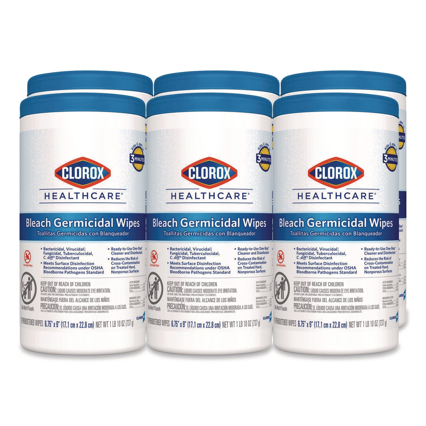 CLO35309CT Bleach Germicidal Wipes, 1-Ply, 6.75 x 9, Unscented, White, 70/Canister, 6 Canisters/Carton