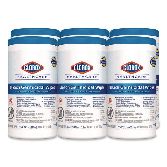 CLO35309CT Bleach Germicidal Wipes, 1-Ply, 6.75 x 9, Unscented, White, 70/Canister, 6 Canisters/Carton
