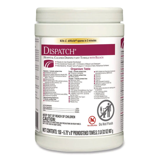 CLO69150EA Dispatch Hospital Cleaner Disinfectant Towels with Bleach, 1-Ply, 6.75 x 8, Unscented, White, 150/Canister Clorox Healthcare