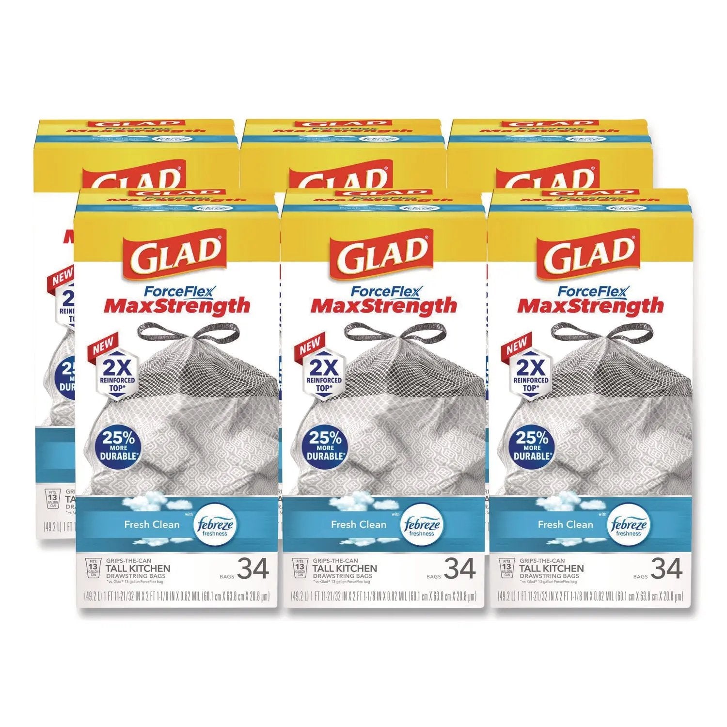 CLO70320 ForceFlex MaxStrength Tall Kitchen Drawstring Trash Bags, 13 gal, Fresh Clean Scent, 24 x 28, White, 34/Box, 6 Boxes/Carton Glad