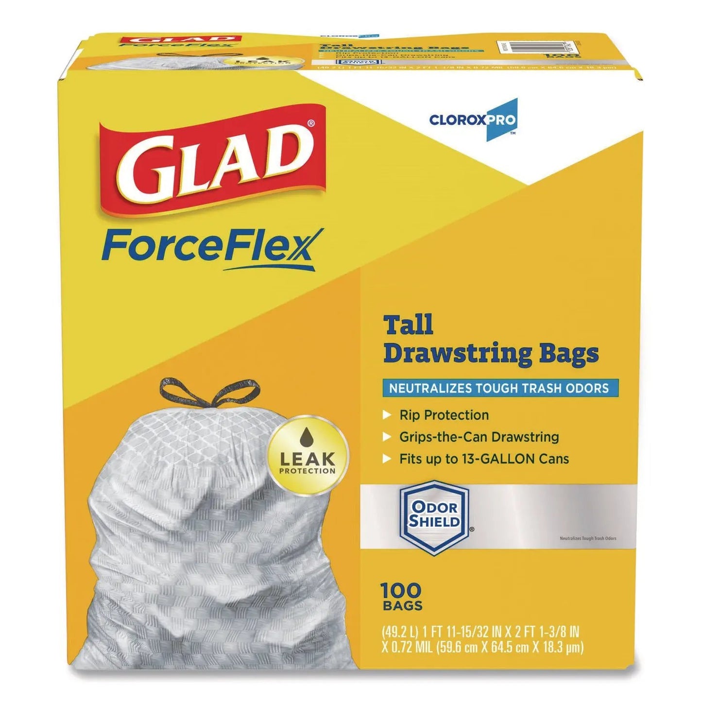 CLO70427 CloroxPro ForceFlex Tall Kitchen Drawstring Trash Bags, 13 gal, 23.75 x 24.88, Gray, 100/Box Glad