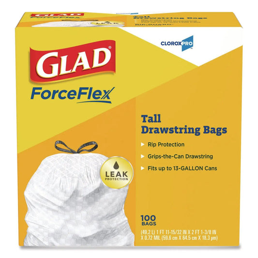 CLO78526 CloroxPro ForceFlex Tall Kitchen Drawstring Trash Bags, 13 gal, 24 x 27.38, Gray, 100/Box Glad