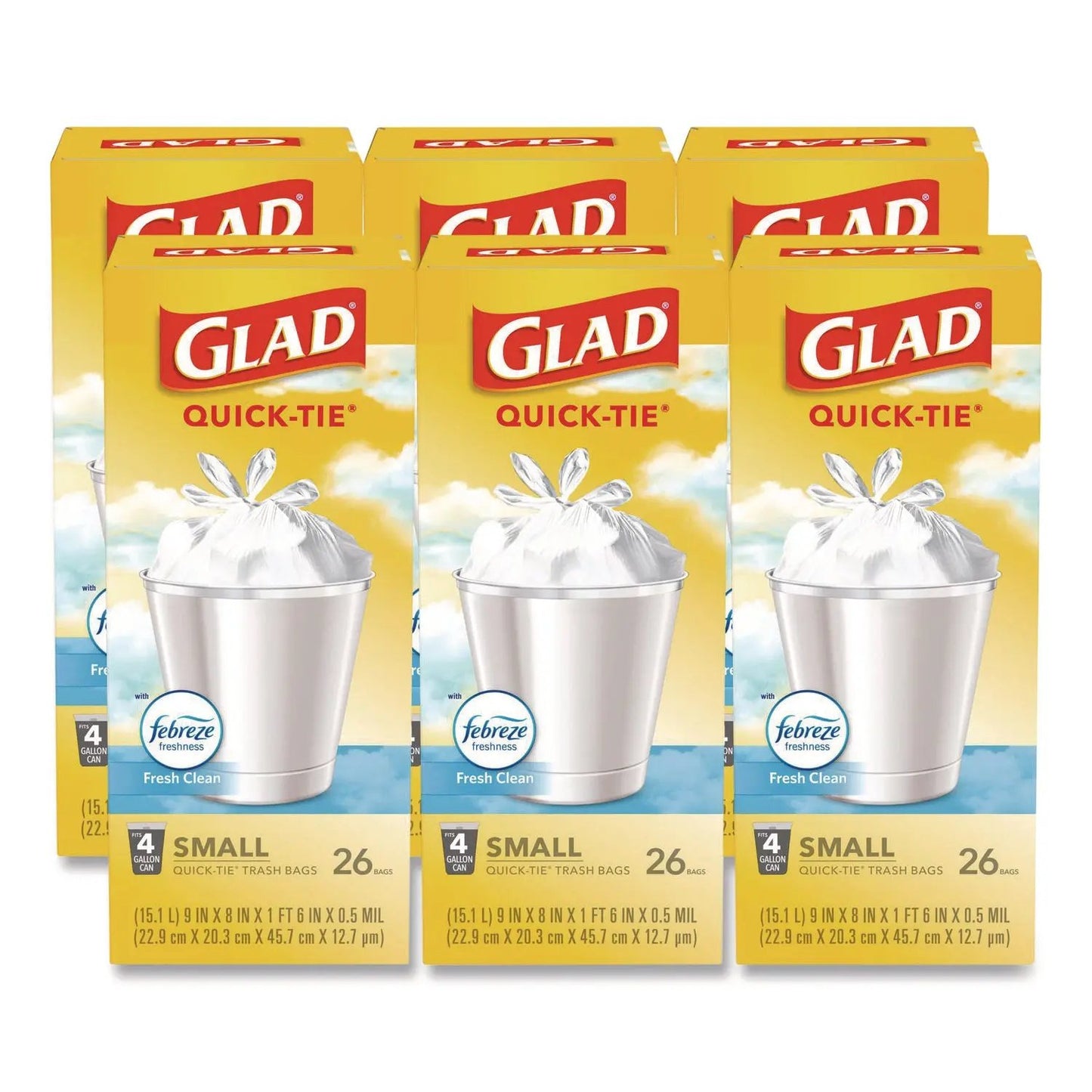CLO78812 OdorShield Quick-Tie Small Trash Bags, Tie-Flap, 4 gal, Febreze Fresh Clean Scent, 8 x 18, White, 26 Bags/Box, 6 Boxes/Carton Glad
