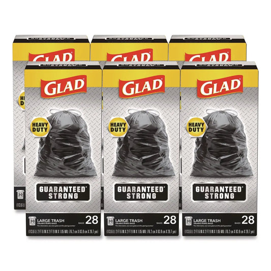 CLO78966 Guaranteed Strong Large Drawstring Trash Bags, Three-Ply, 30 gal, 1.05 mil, 30 x 33, Black, 28 Bags/Box, 6 Boxes/Carton Glad