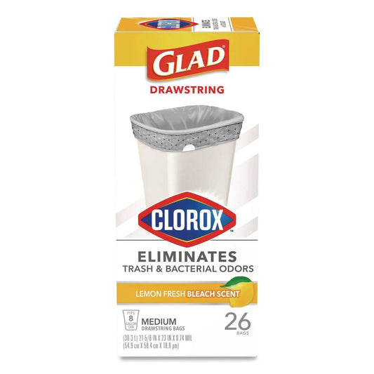 CLO79316 Medium Drawstring Trash Bags with Clorox, 8 gal, Lemon Fresh Bleach Scent, 0.74 mil, 23" x 21.63", Gray, 26/Box Glad