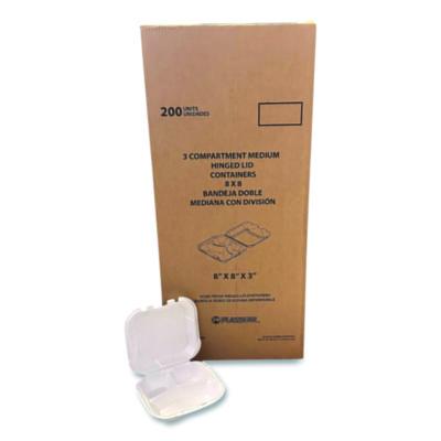 PST12092 Foam Hinged Lid Containers, 3-Compartment, 8.56 x 8 x 2.76, White, Foam, 200/Carton
