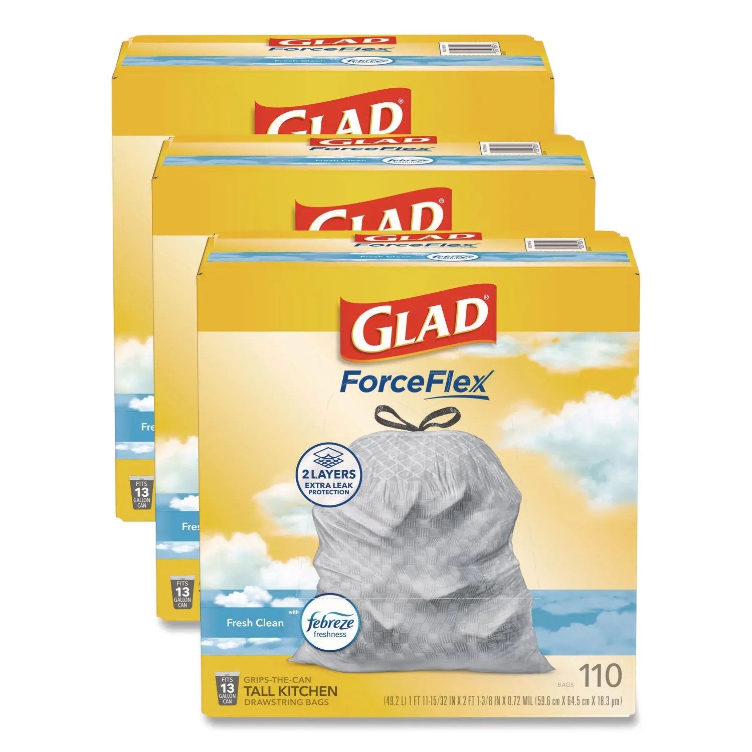 CLO78563CT ForceFlex Tall Kitchen Drawstring Trash Bags, Drawstring, 13 gal, Fresh Clean Scent, 10.19 x 9.81, Gray, 110/Roll, 3/Carton Glad