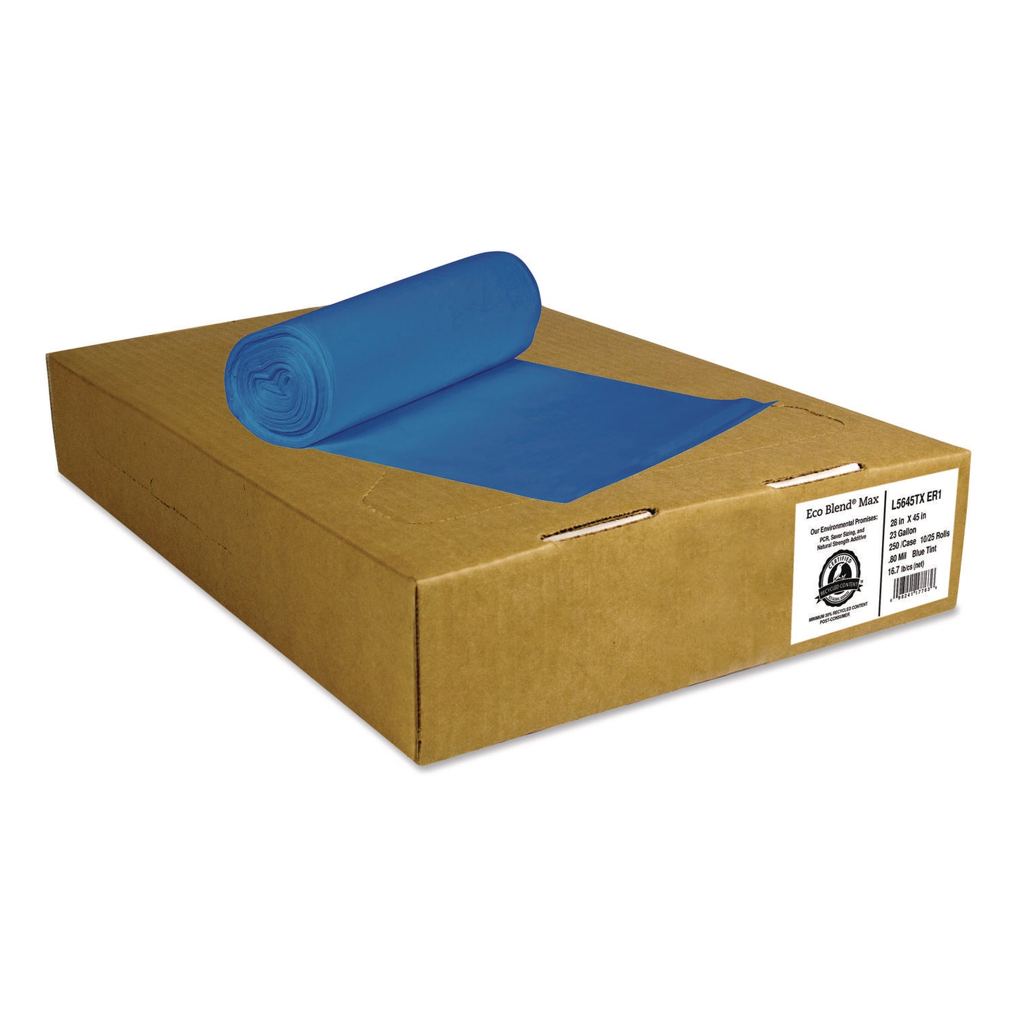 HERL5645TXER1 Eco Blend Max Can Liners, 23 gal, 0.8 mil, 28" x 45", Blue, 25 Bags/Roll, 10 Rolls/Carton