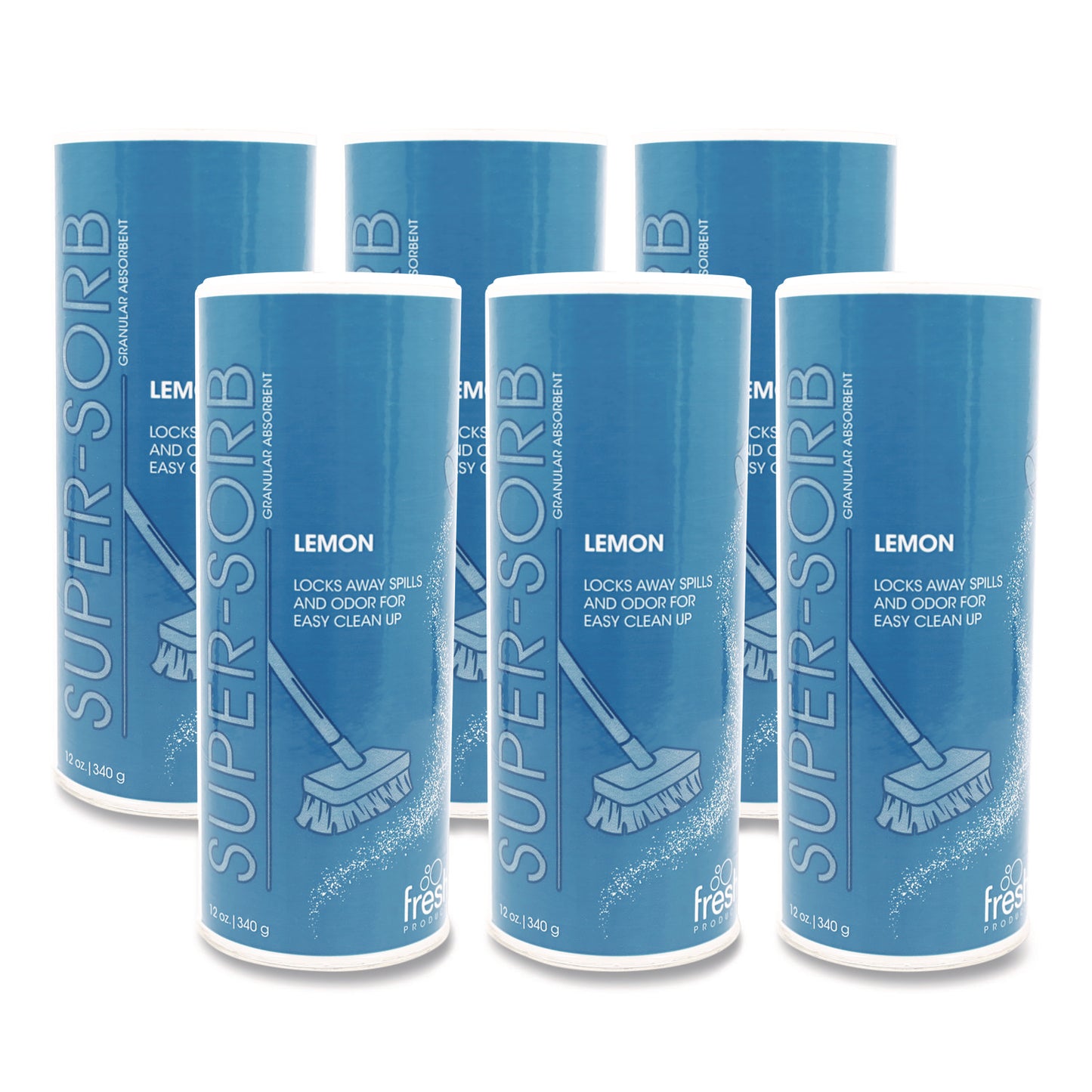FRS614SSBX Super-Sorb Liquid Spill Absorbent, Lemon Scent, 720 oz Absorbing Volume, 12 oz Shaker Can, 6/Box