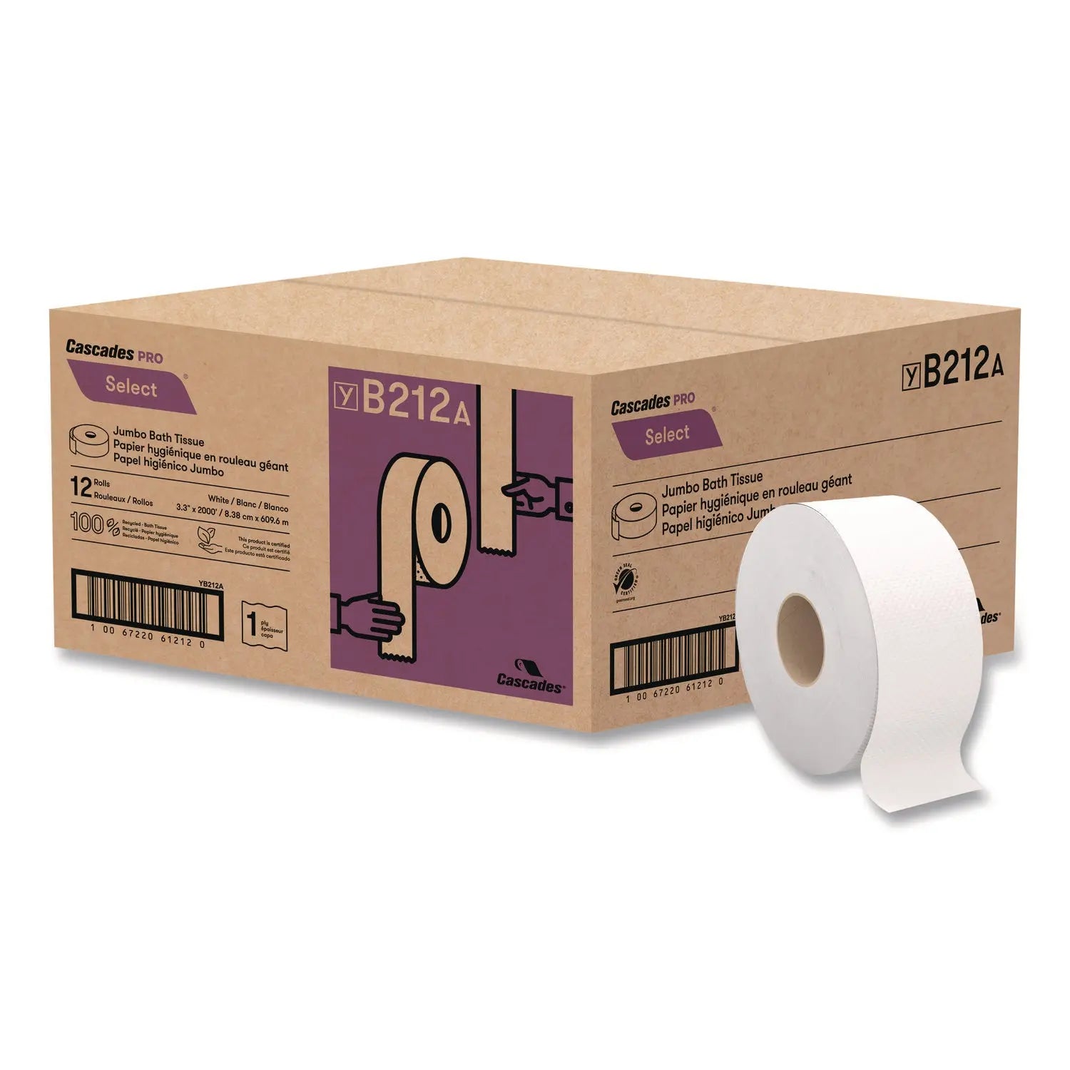 CSDB212 Select Jumbo Bath Tissue, Septic Safe, 1-Ply, 3.3