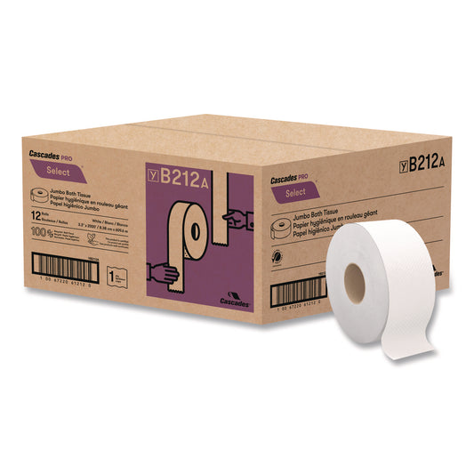 CSDB212 Select Jumbo Bath Tissue, Septic Safe, 1-Ply, 3.3" x 2,000 ft, White, 12 Rolls/Carton