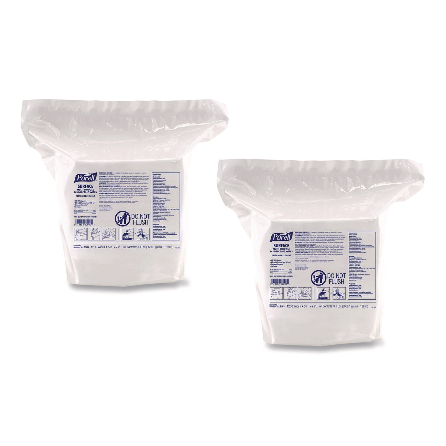 GOJ910302CT Surface Multi-Purpose Disinfecting Wipes, 1-Ply, 5 x 7, Fresh Citrus, White, 2/Carton