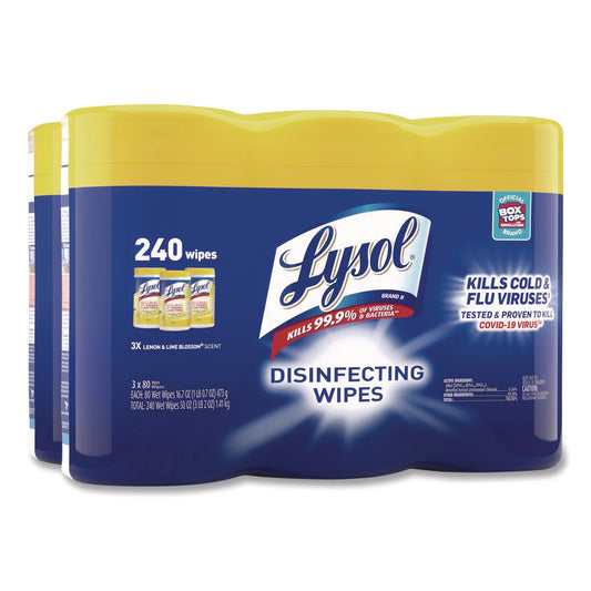 RAC84251CT Disinfecting Wipes, 1-Ply, 7 x 7.25, Lemon and Lime Blossom, White, 80 Wipes/Canister, 3 Canisters/Pack, 2 Packs/Carton