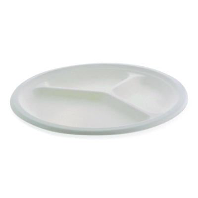 PCTMC50044BB EarthChoice PFAS Free Compostable Dinnerware, 3-Compartment Plate, 10" dia, White, 500/Carton