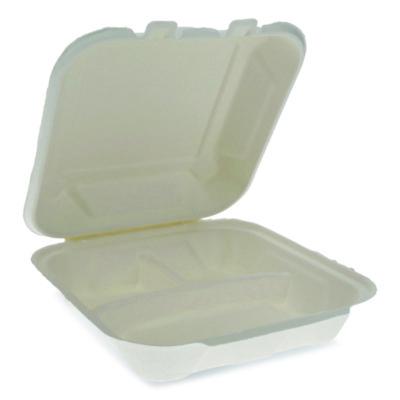 PCTYMCH0803BB EarthChoice Bagasse Hinged Lid Container, 7.8 x 7.8 x 2.8, White, 150/Carton